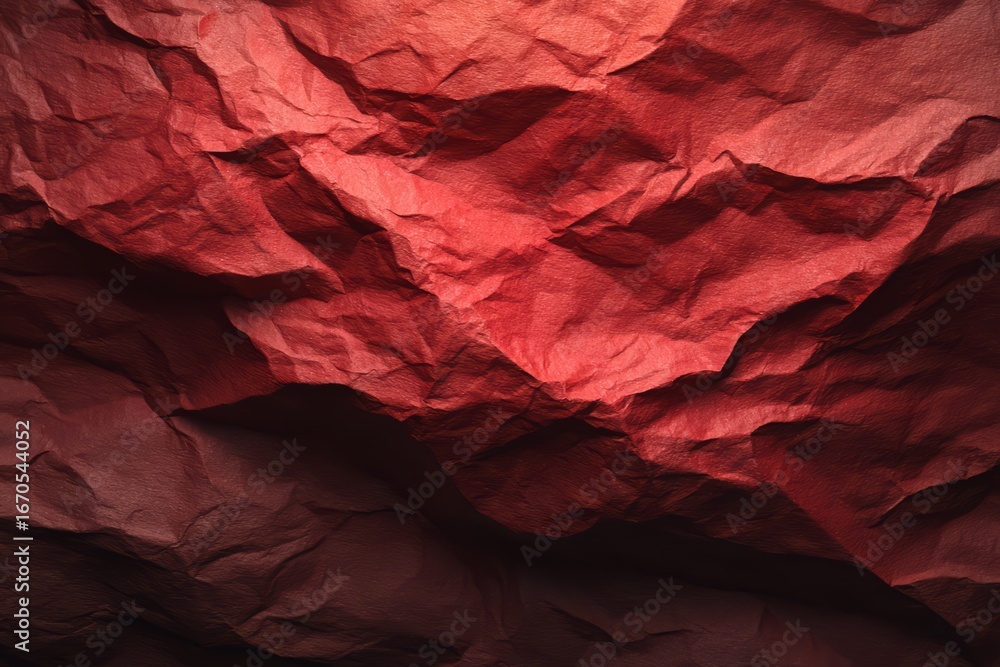 Aufkleber red paper with a mountain range in the background. the paper is crumpled and has a rough texture