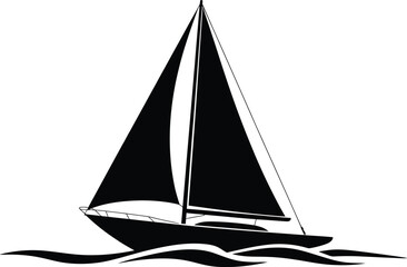 Black silhouette of a sailboat on choppy water with white background