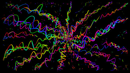 Vibrant neon squiggly lines radiating outward like hand-drawn energy waves on a dark abstract background.