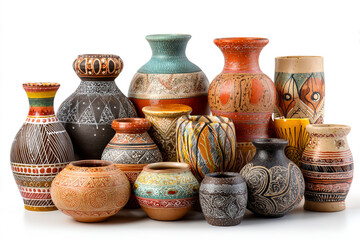 Collection of decorative ceramic vases with intricate patterns isolated on white background