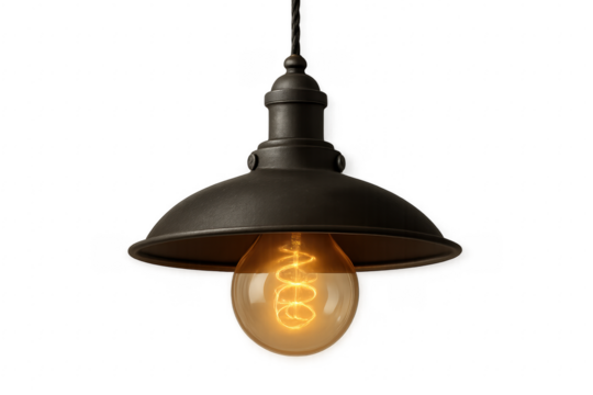 Hanging Industrial Lamp Illuminating with Warm Light on Transparent Background