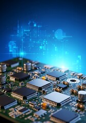 Obraz premium Close-up of a Computer Motherboard with Glowing Blue Circuits.