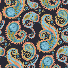 Watercolor style paisley with flowers seamless pattern on blue background. Intricate eastern vintage wallpaper. Bohemian textile design