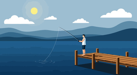 Naklejka premium Serene Fishing Trip On The Lake From The Dock Pier Under The Sunny Sky