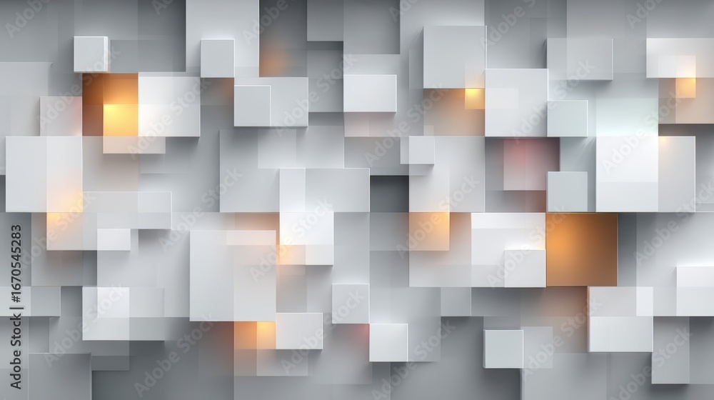 Poster white background with many squares of different sizes. the squares are lit up with yellow lights