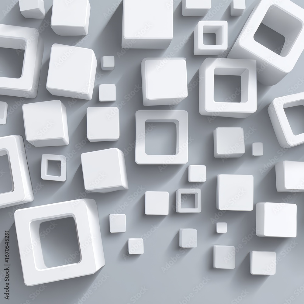 Poster white background with many white squares and cubes. the squares and cubes are all different sizes an