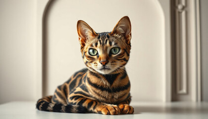 Bengal cat resting on countertop with alert expression indoors  