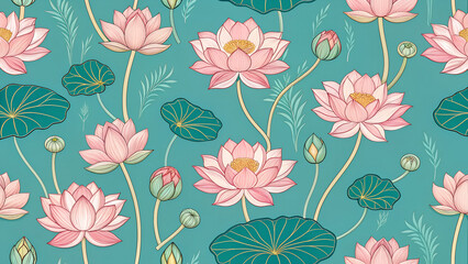 A seamless pattern with pichwai style lotus arranged in a tile-style repeat on a turquoise background. It can be used for printing on various surfaces like textiles and paper or digital work as well.	