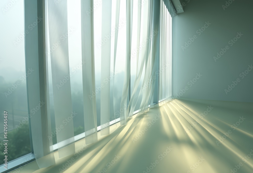 Poster window with white curtains is open, letting in a lot of light. the room is empty