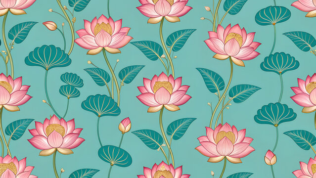 Naklejki A seamless pattern with pichwai style lotus arranged in a tile-style repeat on a turquoise background. It can be used for printing on various surfaces like textiles and paper or digital work as well. 