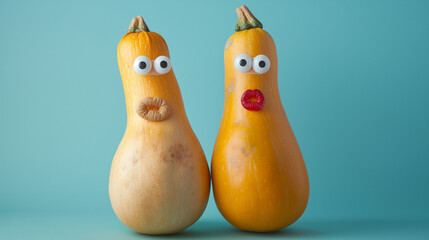 Butternut Squashes with Googly Eyes and Lips on Blue Background