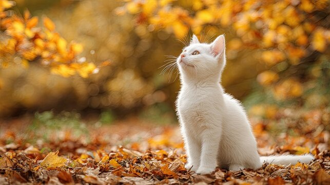White kitten autumn leaves golden forest cute cat fall season animal portrait outdoor nature photography - Powered by Adobe