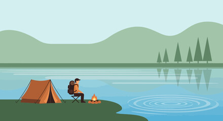 Serene Lakeside Camping Scene with Hiker, Tent, Campfire and Mountain Views Offering Peaceful Outdoor Adventure