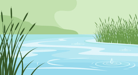 Serene Lakeside Scene With Cattails And Gentle Ripples Creating Calming Atmosphere