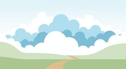 Fototapeta premium Serene Landscape Cartoon Minimalist Style With Green Hills And Fluffy Clouds