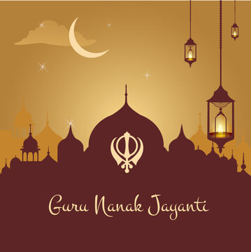 Guru Nanak Jayanti Gurpurab vector illustration with temple silhouette, Khanda symbol, lanterns and crescent moon