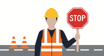 Road Construction Worker Directing Traffic With Stop Sign Vector Illustration
