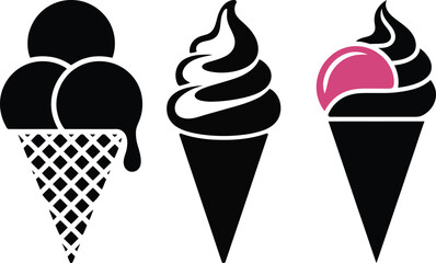 Three stylized black and white ice cream cones with one pink scoop