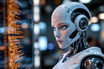 Fototapeta premium Futuristic Humanoid Robot with Coding Environment
