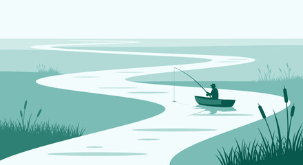 Serene River Fishing Landscape Simple Vector Illustration in Teal Shades