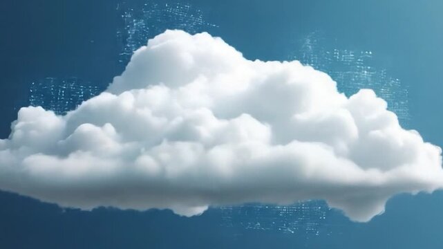 A fluffy white cloud against a blue sky, subtly enhanced with digital particles, symbolizing cloud computing and data storage.