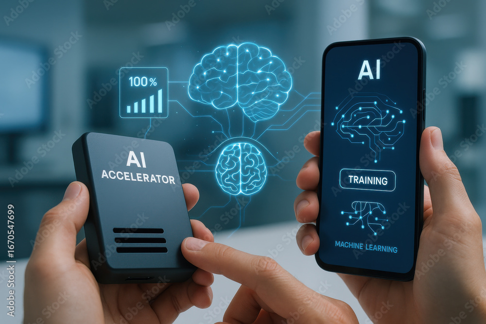 Aufkleber ai accelerator device and smartphone showing artificial intelligence training and machine
