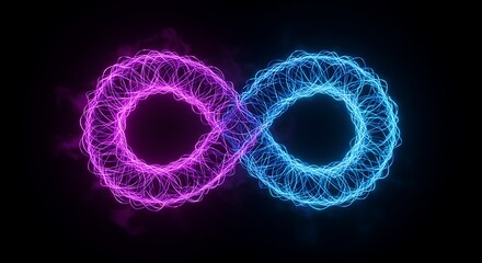 Luminous infinity symbol with intertwined radiant filaments in vivid purple and cyan hues