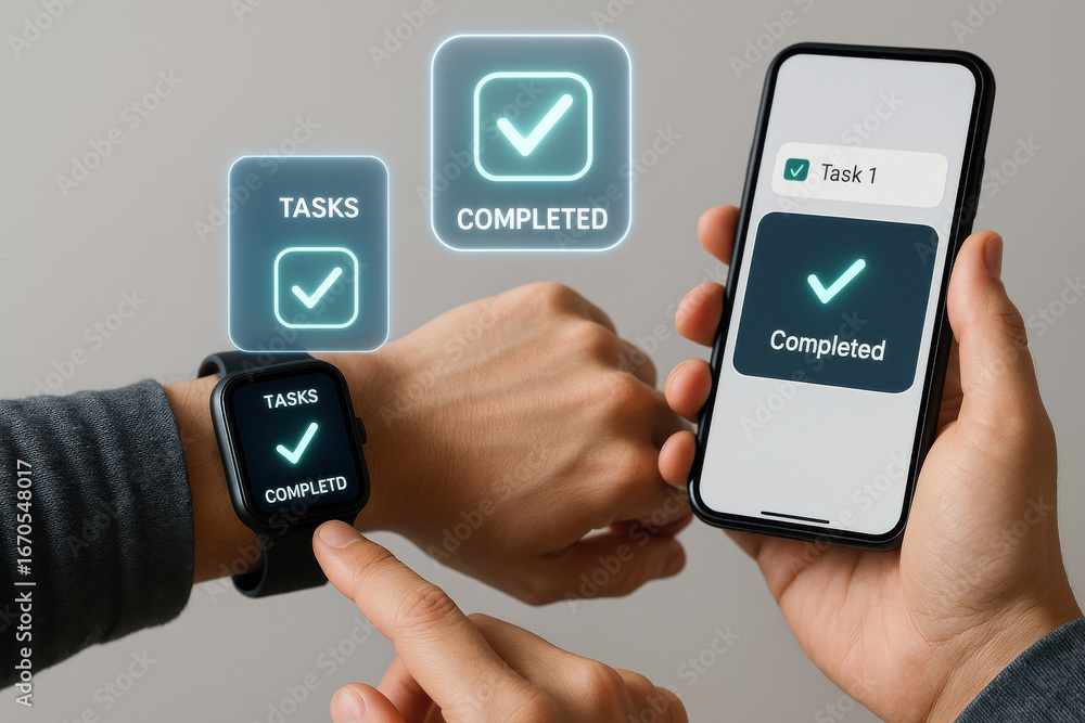Poster task completed notification on smartwatch and smartphone screens showing productivity success