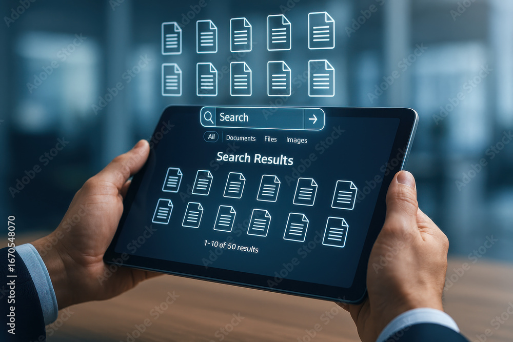 Poster digital tablet showing document search results with file icons and hands holding device