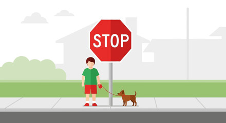 Safety First A Child Walking Dog Near Stop Sign in Residential Area