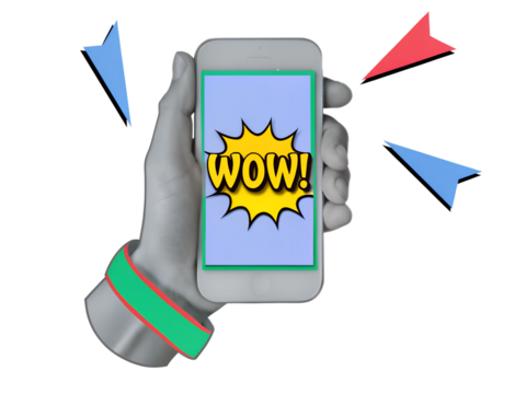 Hands holding out a gift box with a bow from a laptop screen. Modern photo collage style. Illustration on transparent background