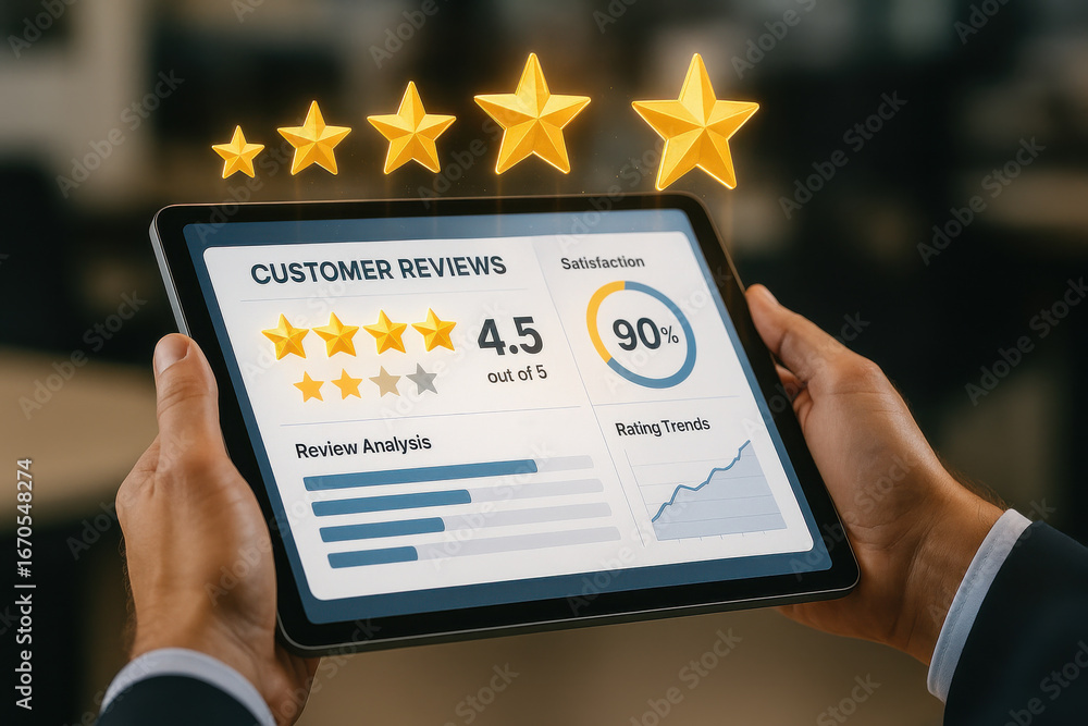Poster customer review rating on digital tablet showing satisfaction and analysis data