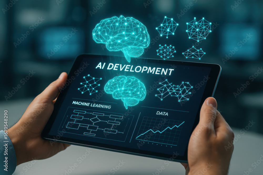 Poster ai development concept with digital brain and data visualization on tablet screen