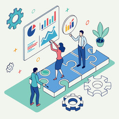Business team collaborating on a puzzle with charts and graphs