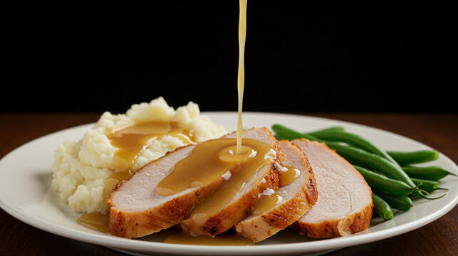Gravy being poured over roasted turkey breast with mashed potatoes and green beans on a white plate for dinner or holiday meal - Powered by Adobe