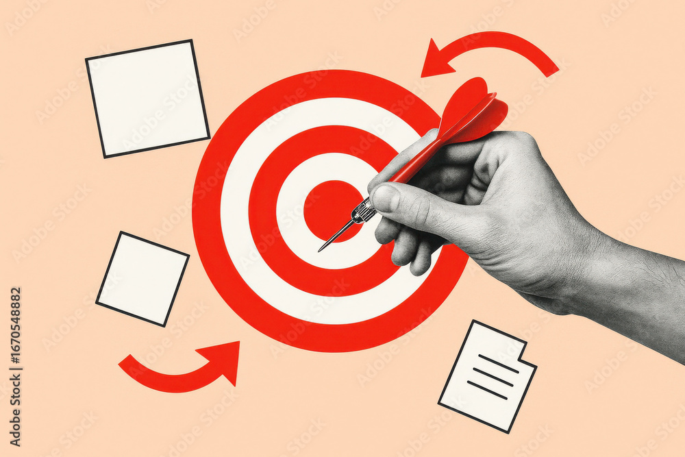 Poster hand holding dart aiming at target with arrows and paper icons symbolizing strategy and focus