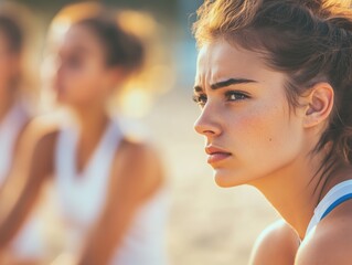 Fototapeta premium Focused young woman athlete at beach volleyball match looking determined under warm sunlight