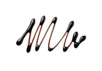 A single, dark, thick, viscous balsamic glaze forms abstract lines on a smooth transparent background, captured with diffused studio lighting, concept for culinary elegance