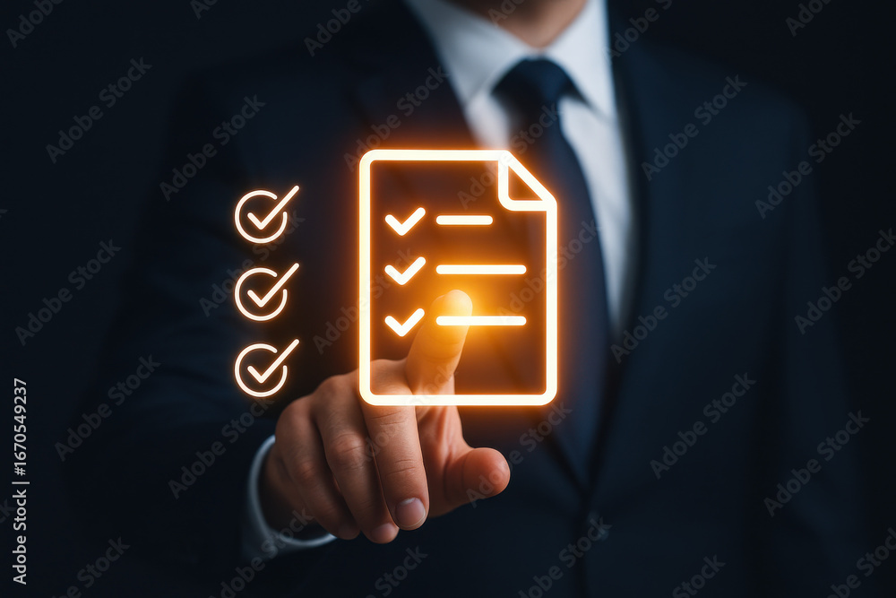Poster checklist document icon glowing with businessman hand pointing, symbolizing task completion