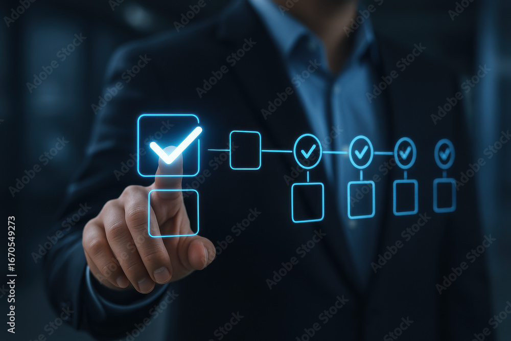 Poster checklist concept with businessman selecting digital check mark on virtual screen