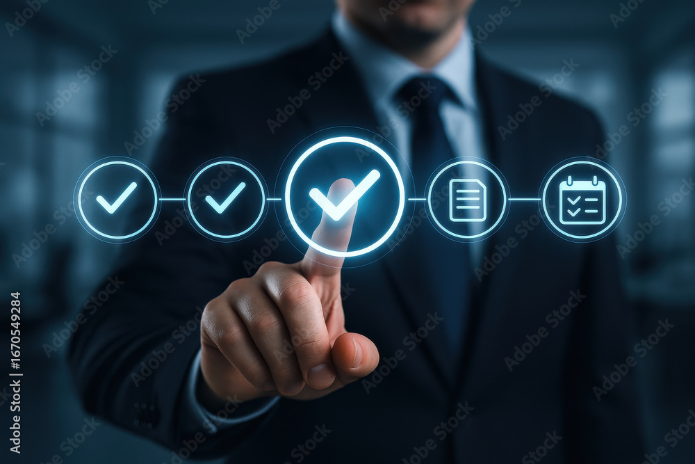 Poster businessman pressing checkmark icon on virtual screen showing task completion and success