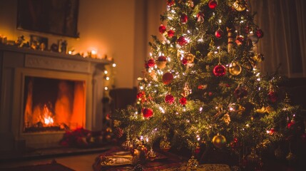 Cozy Christmas living room with glowing fairy lights, decorated pine tree, warm fireplace, red and golden festive tones creating magical family holiday celebration atmosphere