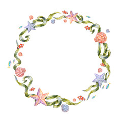 Watercolor marine frame with seaweed, seashells, starfish and tropical fish. Round ocean wreath in green, blue and orange tones. Elegant nautical design on white background.