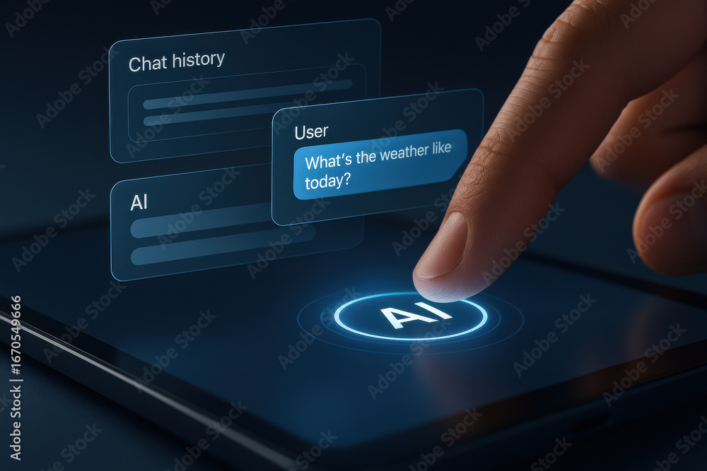 Poster ai chatbot interface on digital tablet with finger touching virtual button for interaction