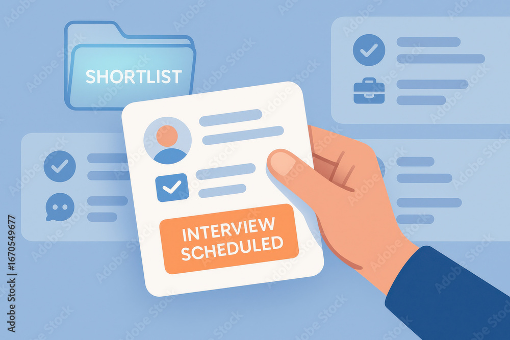 Poster interview scheduled card held by hand with shortlist folder and checklist icons