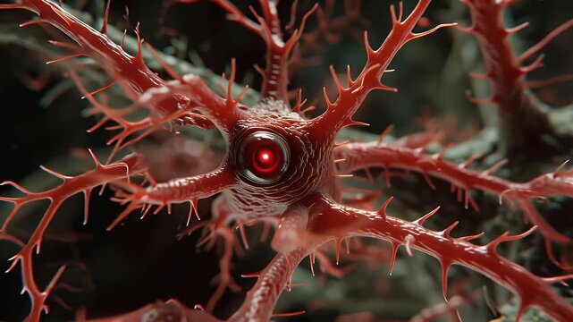 Microscopic cinematic animation: Glowing red rabies virus tendrils slowly wrap around a neuron. 
