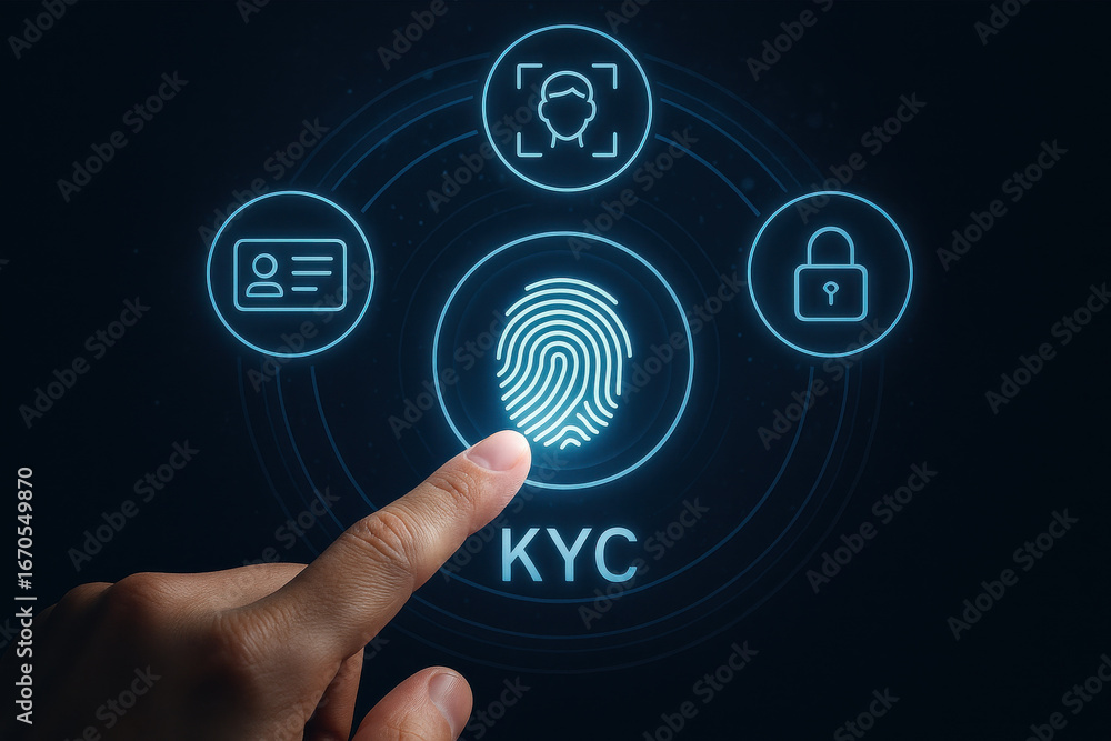 Poster fingerprint authentication with digital security icons and kyc concept