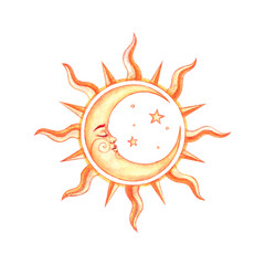 Watercolor golden crescent moon with closed eyes, radiant sun rays and tiny stars inside. Elegant celestial illustration, mystical cosmic art design, luxury spiritual decor on white background
