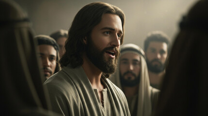 Ancient man speaking to followers in biblical setting with spiritual conversation and historical clothing indoors