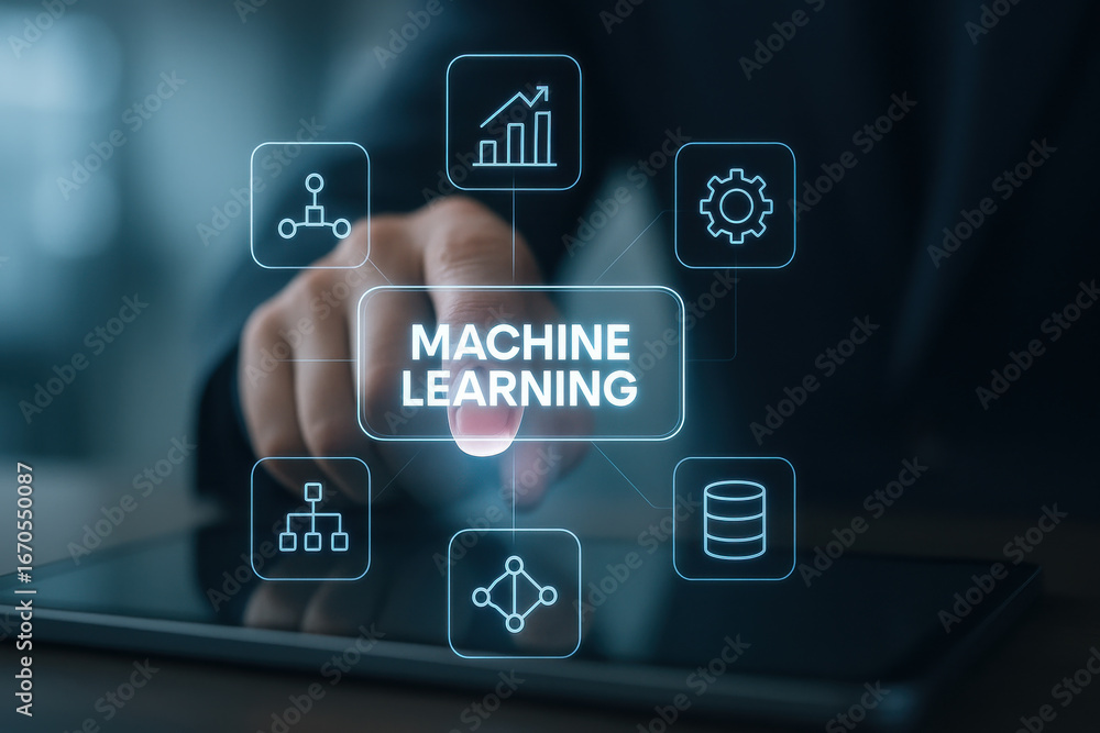Aufkleber machine learning concept with digital icons and finger pointing on tablet screen